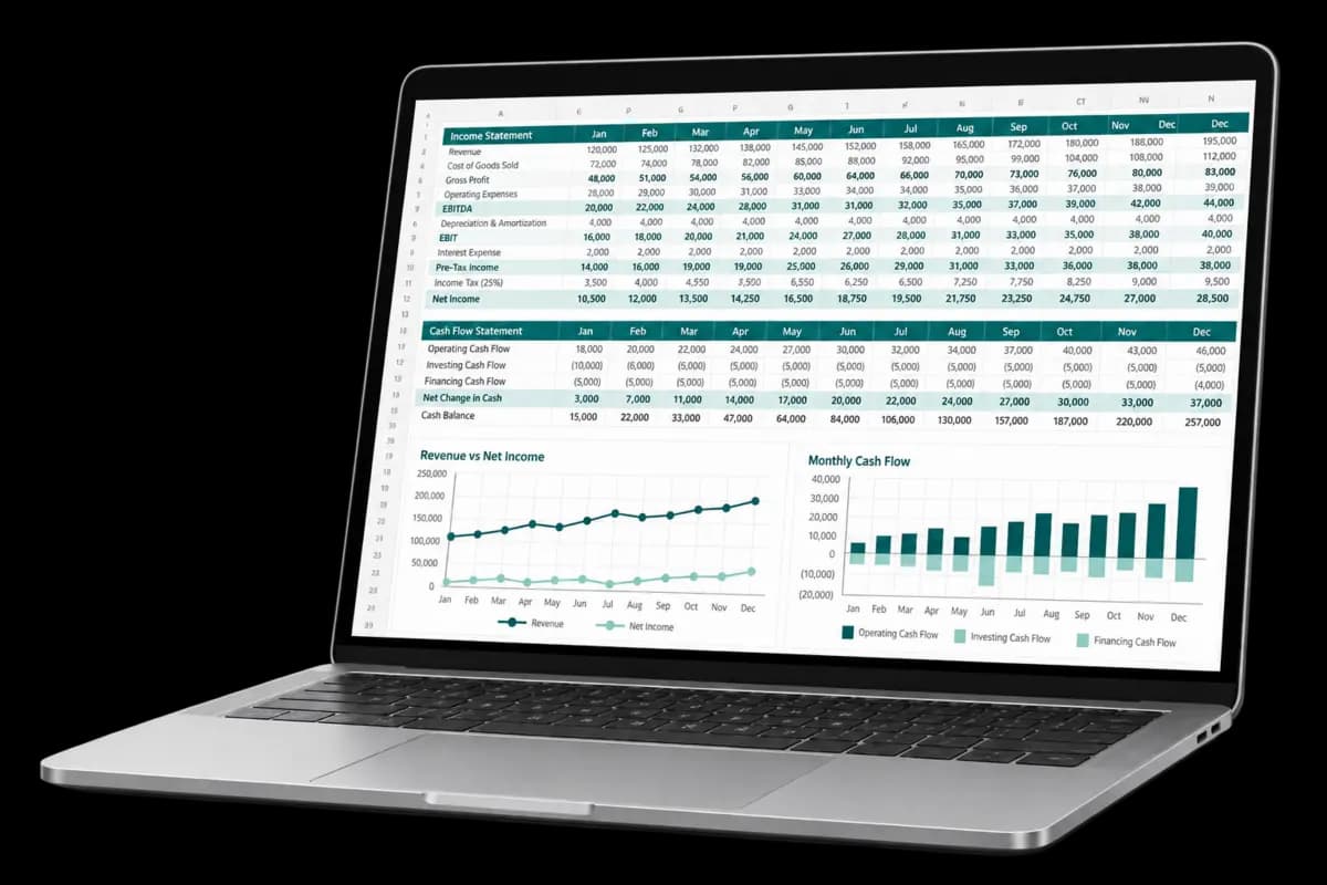 Computador portátil con un modelo financiero, estados vinculados y gráficos de proyecciones